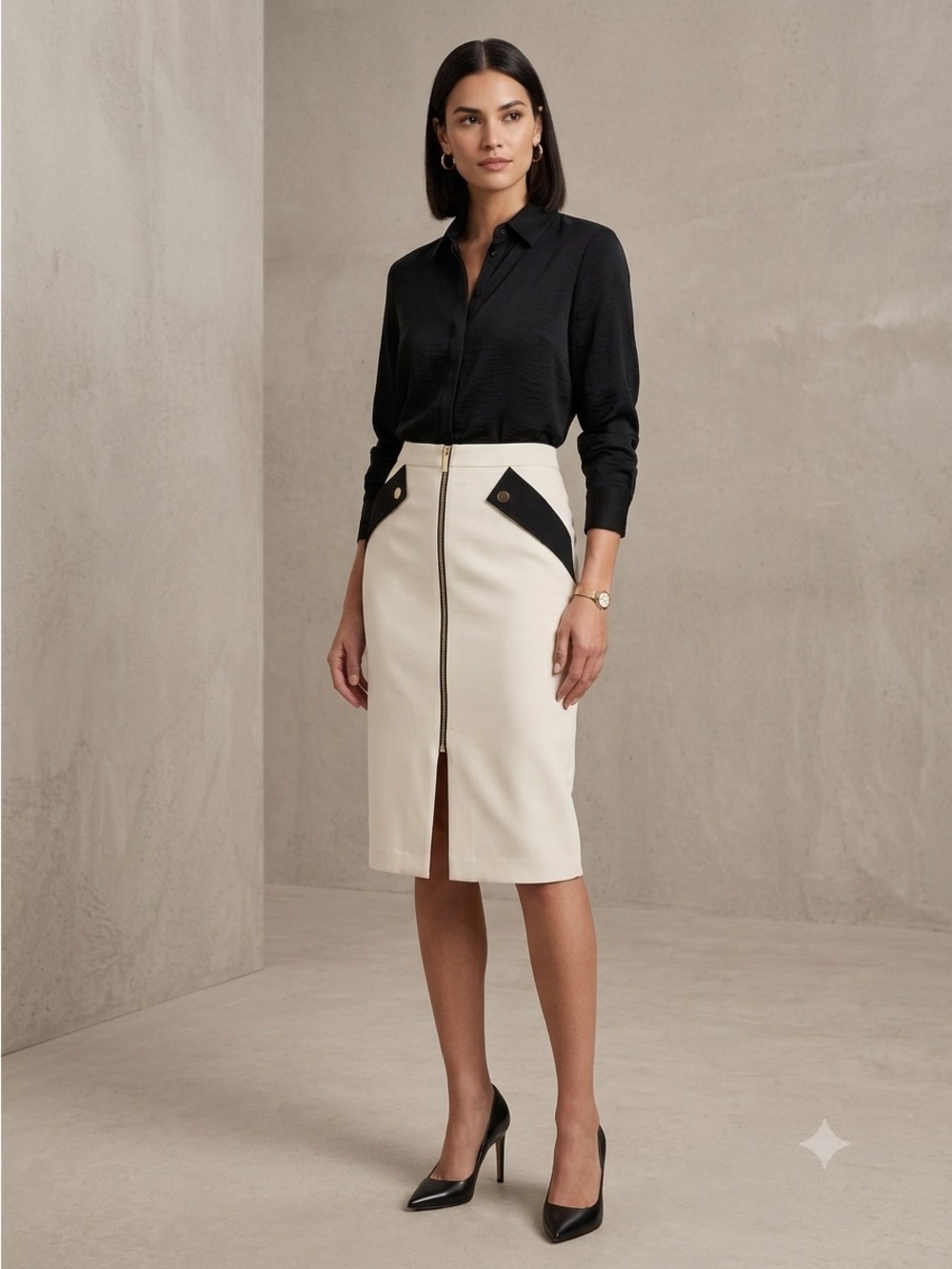 Title
Worthington Black & White Pencil Skirt Front Zip mock pockets Sz 8 Lined